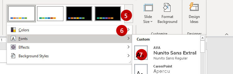 Screenshot of Design Ribbon in PowerPoint with Font Variants Selected